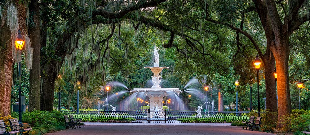 View down the avenue of oaks to the fountain in Savannah's Forsyth Park.