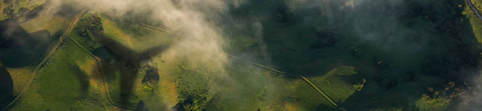 The barely visible shadow of a Gulfstream aircraft passes over a misty, verdant landscape.
